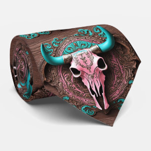 Cravate Rose Turquoise Pays Occidental Cowboy Bull SKull