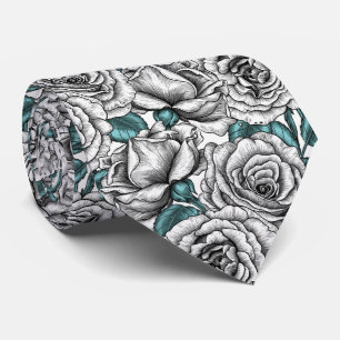 Cravate Roses blanches avec feuilles bleus