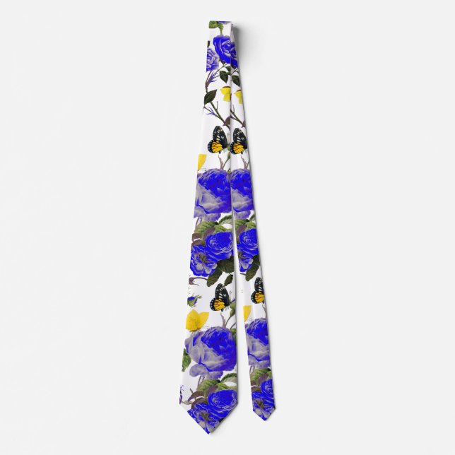 Cravate ROSES BLEUS ET BOUTEILLES JAUNES Florales Blancs (Devant)