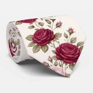 Cravate Roses Bourguignonnes sur Fond Ivoire