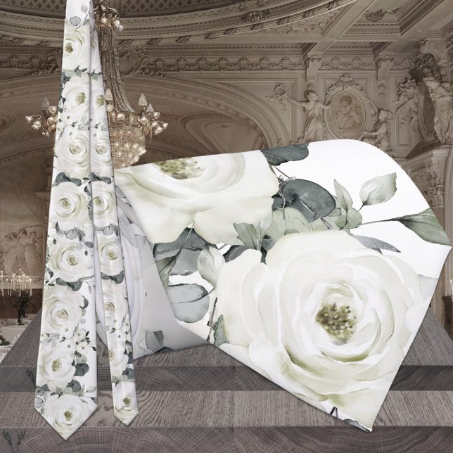Cravate Roses de Desdias blanc pur et Mariage d'Eucalyptus (Créateur téléchargé)