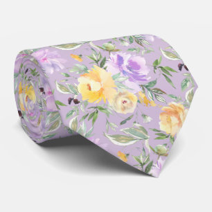 Cravate Roses Florales Aquarelle Jaune et Violet de Lavand