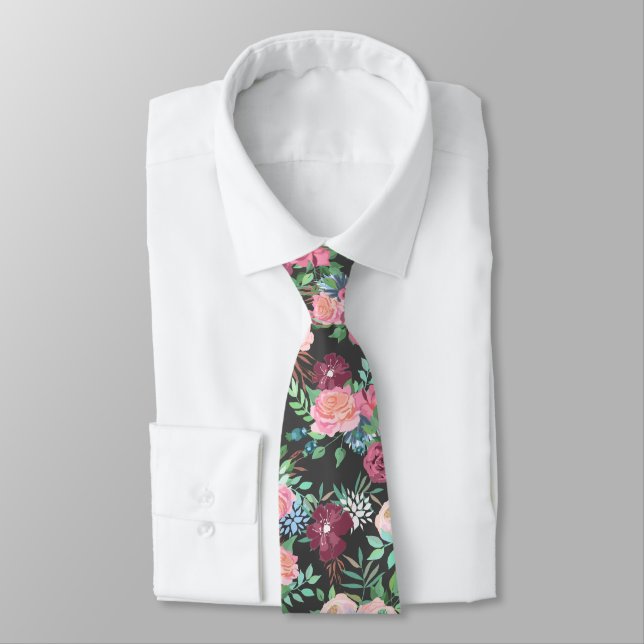 Cravate Roses florales classiques gris et roses roses (Attaché)