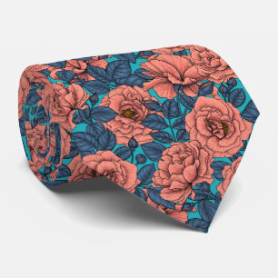 Cravate Roses roses avec feuilles bleus sur bleu