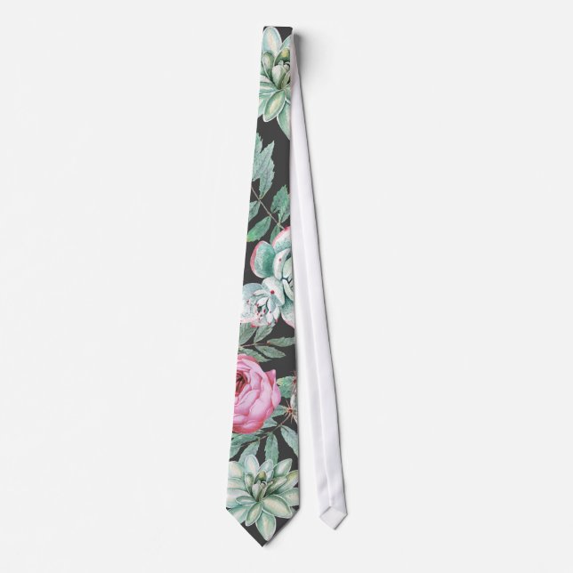 Cravate Roses roses et motif succulent de cactus sur le (Devant)