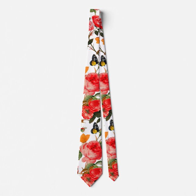 Cravate ROSES ROUGES ET BOUTEILLES JAUNES Floral blanc (Devant)
