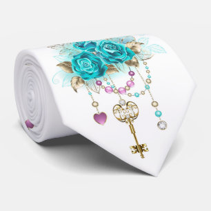 Cravate Roses Turquoise avec Clés