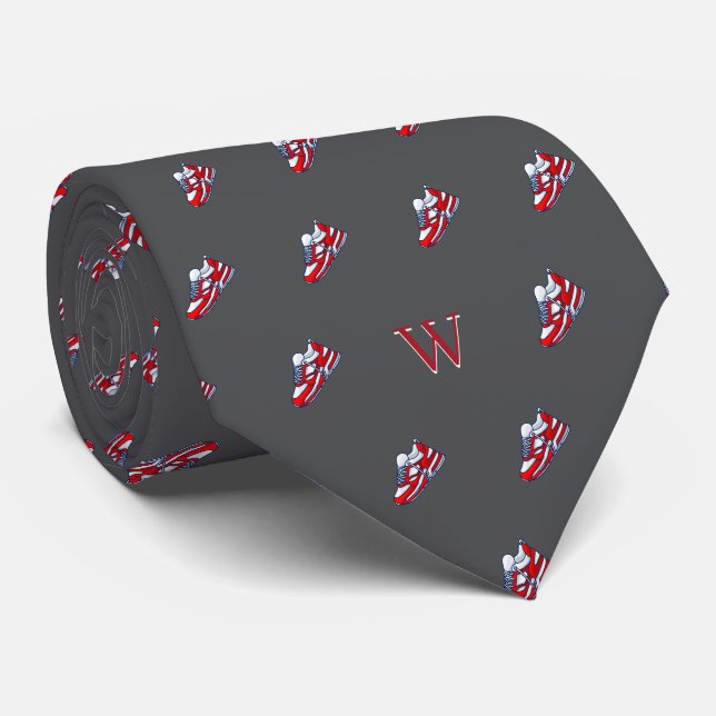 Cravate Rouge Blanc Basket Collecteur Monogramme gris init (Roulé)