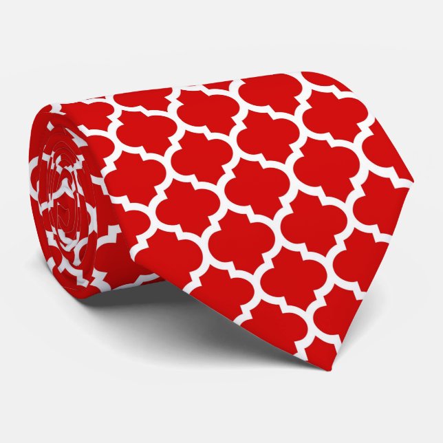 Cravate Rouge Blanc Marocain Quatrefoil Motif #5 (Roulé)
