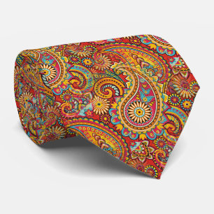 Cravate Rouge Bleu Orange Jaune Or Paisley Motif Floral