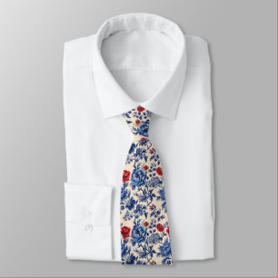 Cravate Rouge Bleu Toile Chinoiserie Aquarelle Floral Mari