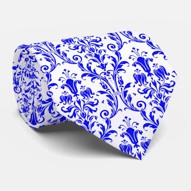 Cravate Rouge électrique Blanc Floral Damask (Roulé)