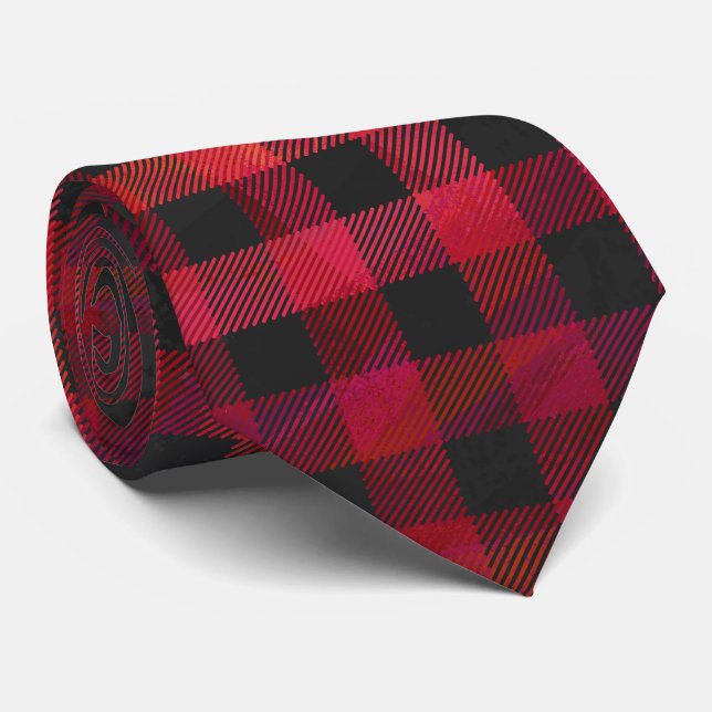 Cravate Rouge et noir À damiers plaid (Roulé)