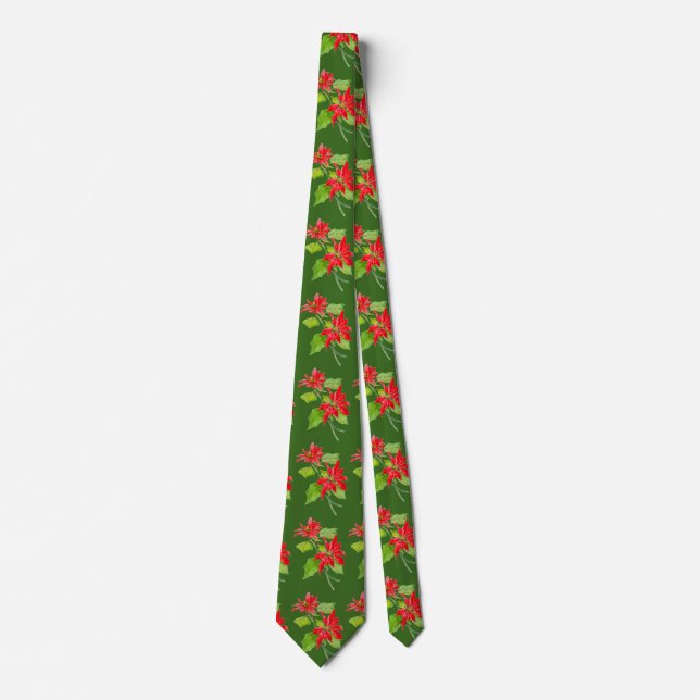 Cravate Rouge et vert Vintage Poinsettia Motif de Noël (Devant)