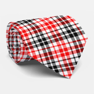 Cravate Rouge Noir Twill Carreaux Tartan Sur Blanc 