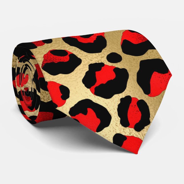 Cravate Rouge or noir empreinte de léopard peau élégante (Roulé)