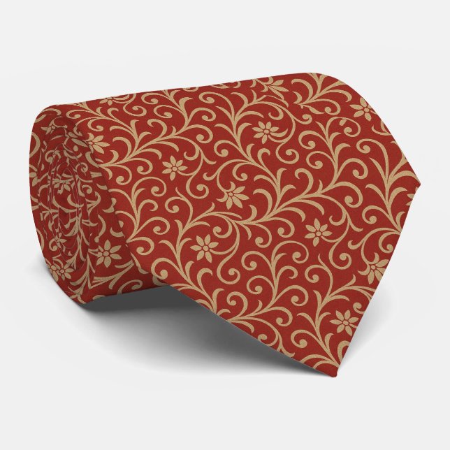 Cravate Rouges et or Damask Flor Scroll (Roulé)