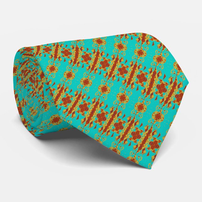 Cravate Rustique Cuivre Rouge Turquoise Vert Motif (Roulé)