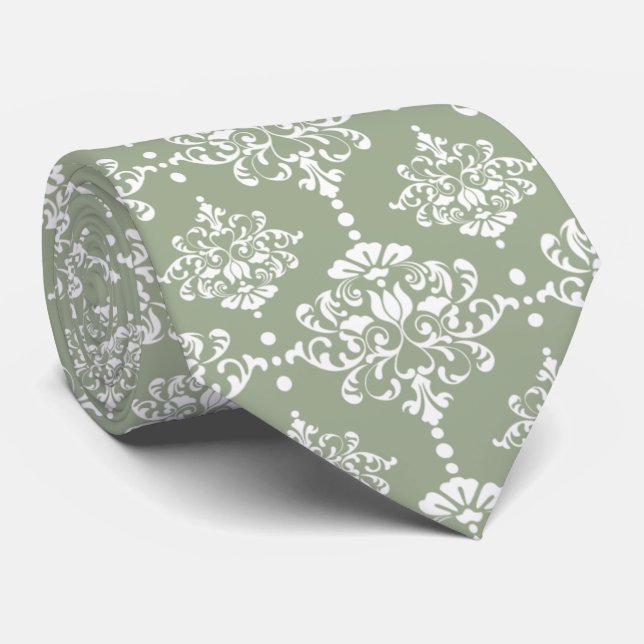 Cravate Sage Green Floral Damask Patte Groomsmen Mariage (Roulé)
