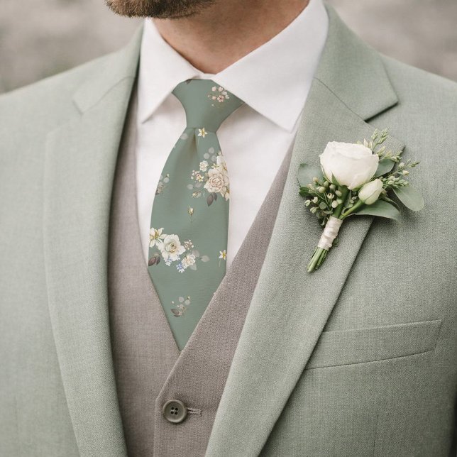 Cravate Sage Green Floral Necktie for Wedding (Créateur téléchargé)