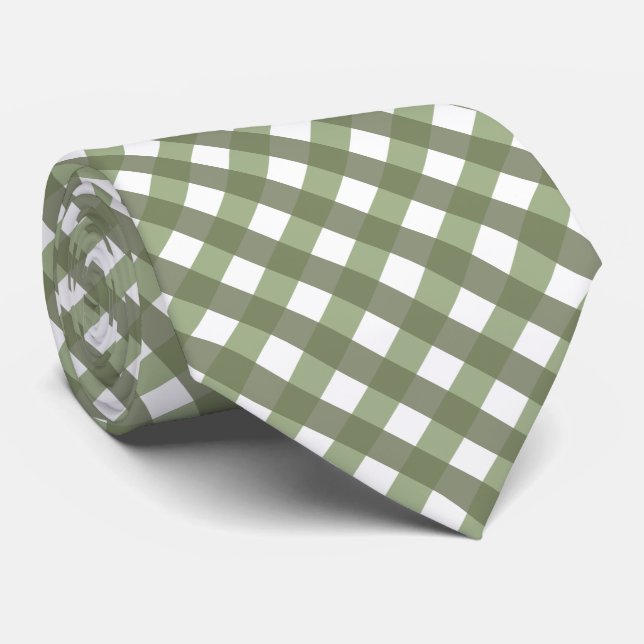 Cravate Sage Green Gingham Patterned Neck Tie (Roulé)