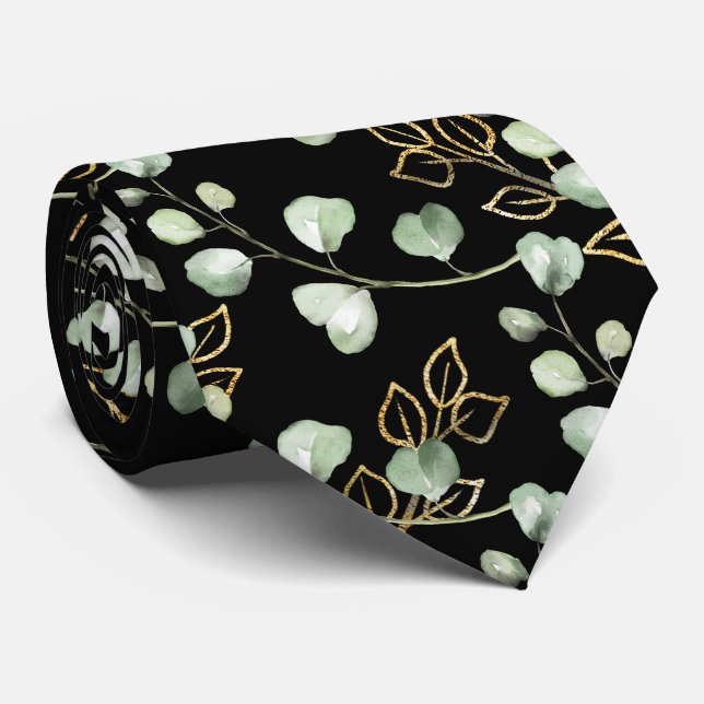 Cravate Sage Green & Gold Eucalyptus Élégant Mariage noir (Roulé)