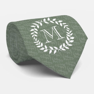 Cravate Sage Green Monogramme Élégant Foliage Moderne Wrea