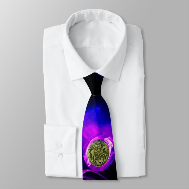 Cravate SAINT GEORGE ET DRAGON Bleu Violet Rose fractal (Attaché)