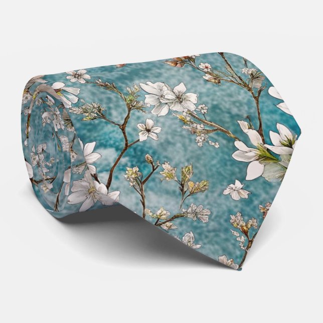 Cravate Sakura arbres bleu plante motif (Roulé)
