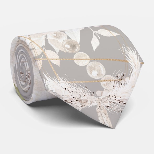 Cravate Salle De Mariage Florale Blanc Gris Beige (Roulé)