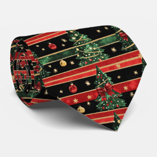 Cravate Sapin de Noël scintillant - Rayures rouges noires