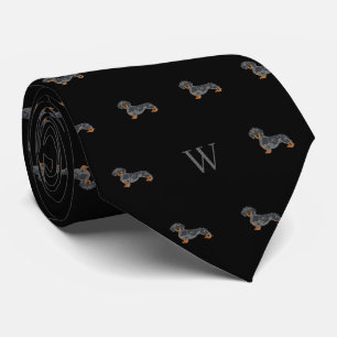 Cravate Saucisson Teckel Chien Monogramme Initiales Noir