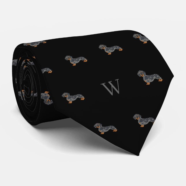 Cravate Saucisson Teckel Chien Monogramme Initiales Noir (Roulé)