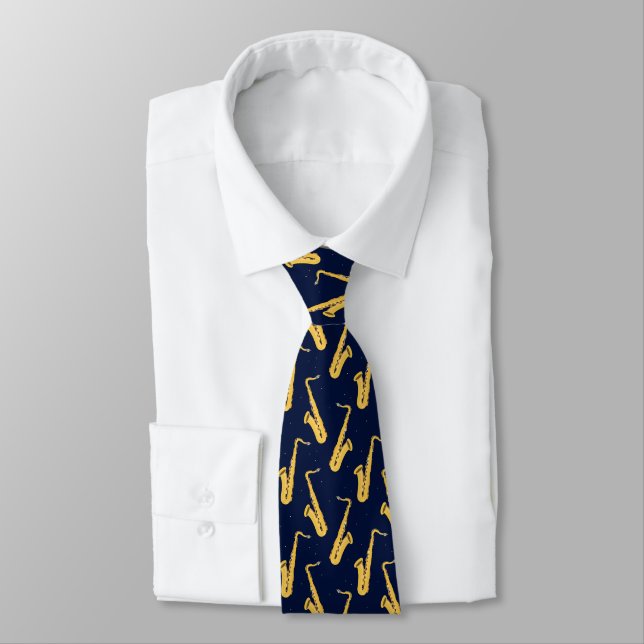 Cravate Saxophoniste Saxophone Stylish Motif sur Navy Blue (Attaché)