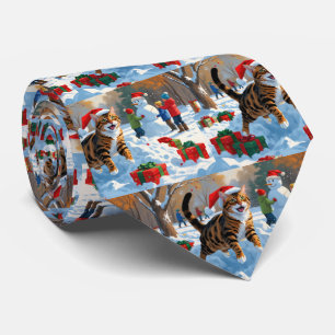 Cravate Scène de neige festive de Noël avec un chat Bengal