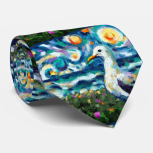 Cravate Seagull Van Gogh Style Plage Sky Blue Turquoise