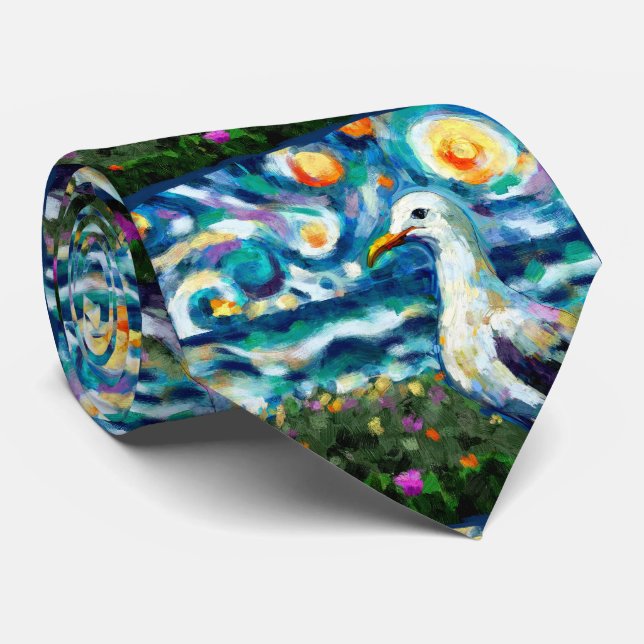Cravate Seagull Van Gogh Style Plage Sky Blue Turquoise (Roulé)