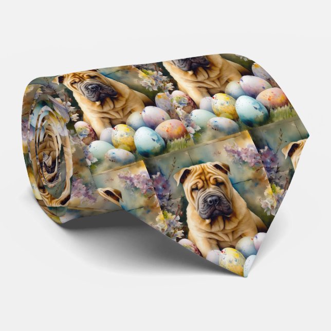Cravate Shar Pei Chien avec Oeufs de Pâques Vacances (Roulé)