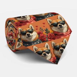 Cravate Shiba Inu avec Roses du cœur Saint-Valentin