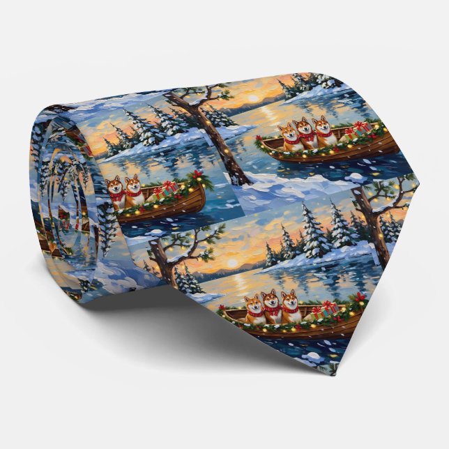 Cravate Shiba Inu Christmas Boat Holiday (Roulé)