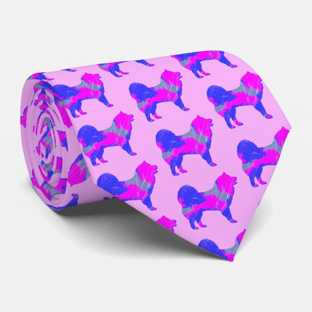 Cravate Silhouette de chien Samoyé rose et bleu rose clair (Roulé)