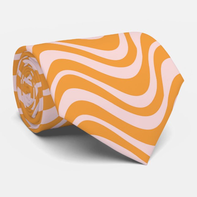 Cravate simple orange et rose rétro Wavy (Roulé)