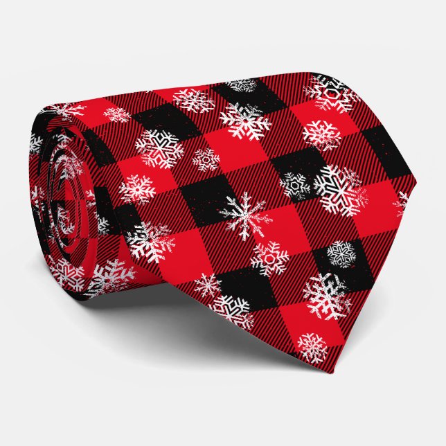 Cravate Snowflakes Red Buffalo Plaid l Noël Motif (Roulé)