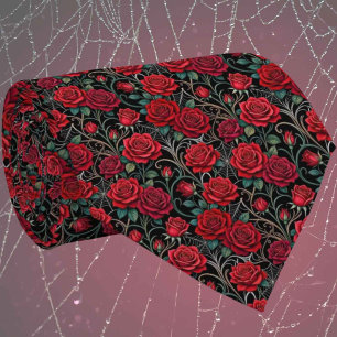 Cravate Soie fausse gothique   Roses et toiles d'araignée 