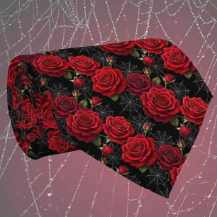 Cravate Soie fausse gothique   Roses et toiles d'araignée 