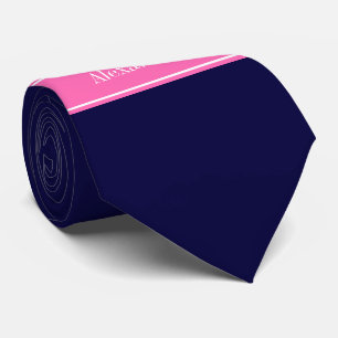 Cravate Solid Navy Blue Hot Pink #2 Ribbon Nom Monogram