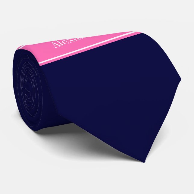 Cravate Solid Navy Blue Hot Pink #2 Ribbon Nom Monogram (Roulé)
