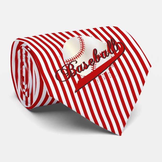 Cravate Sport de baseball en bandes rouge foncé et blanc (Roulé)