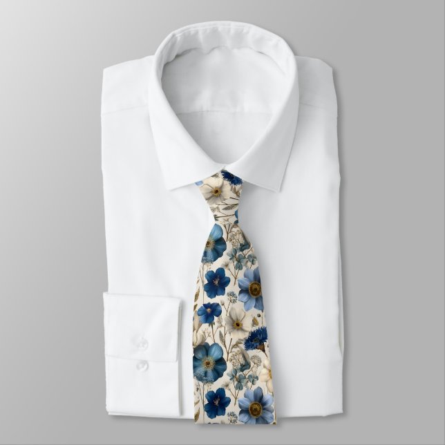 Cravate Spring Blue And Cream Floral Flowers  (Attaché)