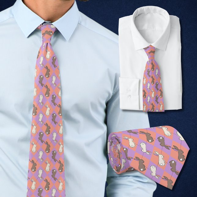 Cravate Spring Rabbit Pink and Purple Pastel Argyle  (Easter tie with rabbits is perfect for spring in pastel argyle of pink and purple. )